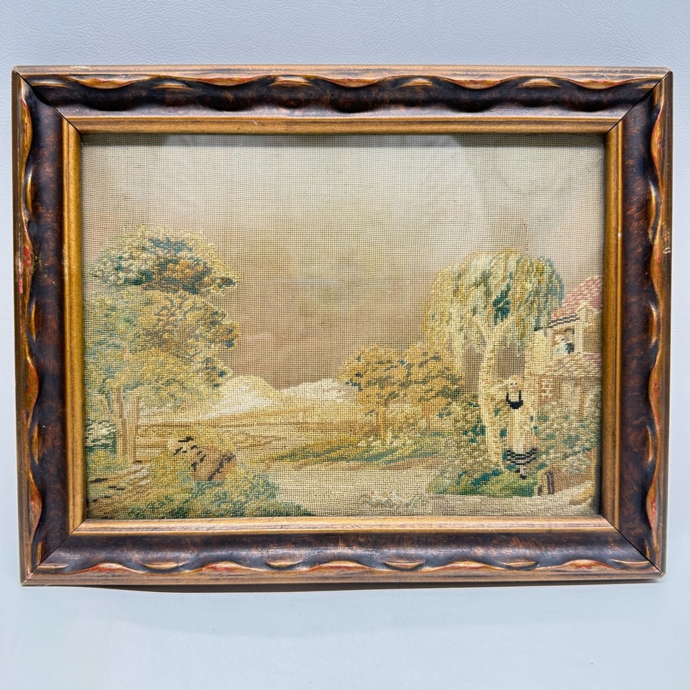 Vintage Petit Point Needlepoint Pastoral Landscape Framed Wall Art Cottagecore
